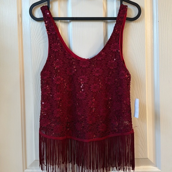 NWT Charlotte Russ Metallic Sequins Crop fringe Top red XS - Picture 1 of 8